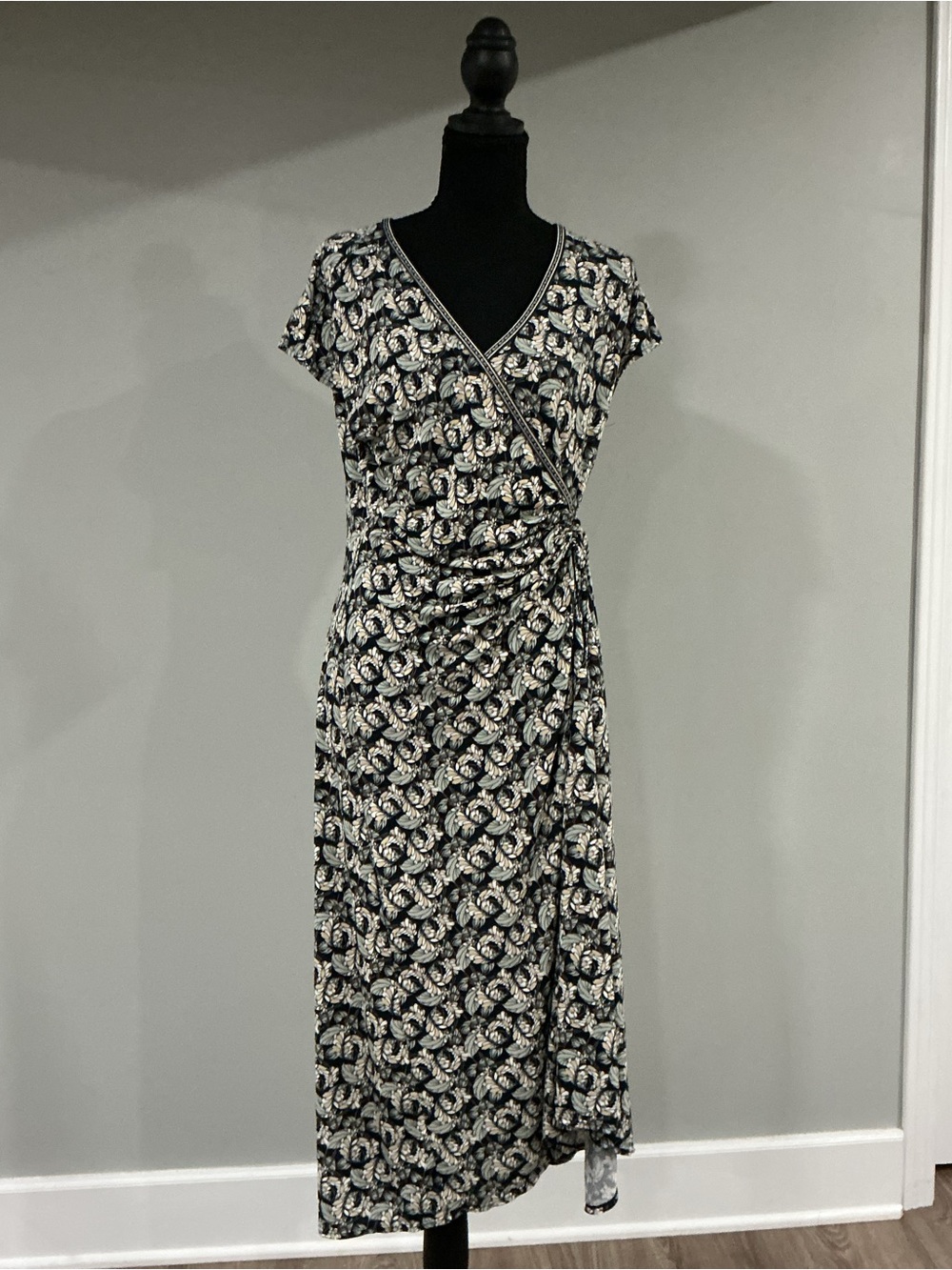Max Studio Navy and Ivory w/Green and Yellow Paisley Wrap Midi Dress
